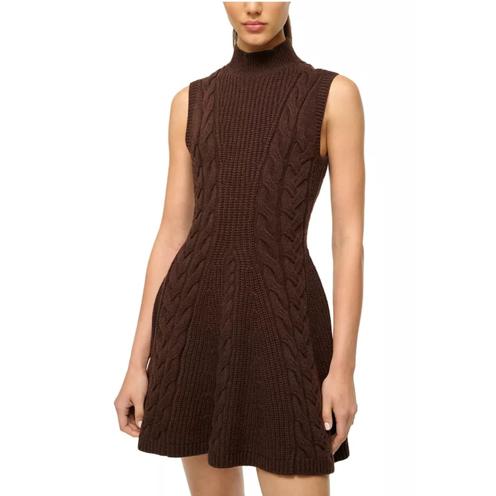 STAUD Charade Dress Dark Chocolate Brown Cable Knit Mock Neck Mini Women Sz XS